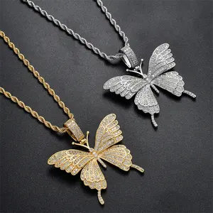 Rose Gold Micro Pave Pink Women Men Diamond Rope Chain Butterfly Necklace