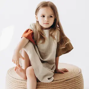 2022 new custom children's dress cotton and linen solid color girl princess dress pleated skirt