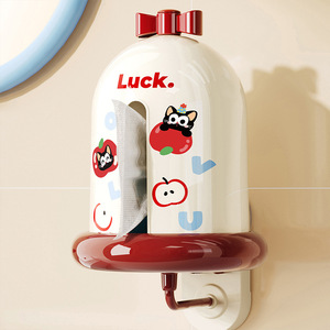 Luck Wall Mounted Tissue Box Round Milky White Red Cat Design No Drilling Bathroom Paper Holder - Product Image 1