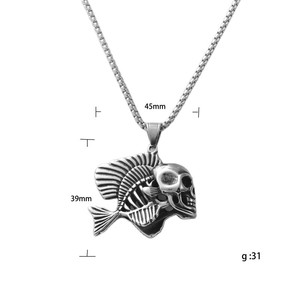 Collar con Colgante de Pez Calavera de Acero Inoxidable para Hombre, Diseño Punk Retro de Esqueleto, Estilo Geométrico de Pez Tropical 12089 - Product Image 4