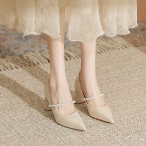 Escarpins Mary Jane à bout pointu, talon carré, en satin avec bride perlée, chaussures de mariage, talon haut 5cm 8cm, couleur unie, tendance mode - Product Image 4