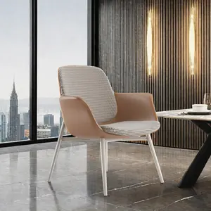 Luxury Modern Hotel Restaurant Dining Room Chair Orange Fabric PU Back And Seat Leather Dining Chair With Metal Leg