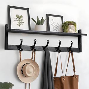 Solid Wood Wall Mounted Coat Rack With <b>Hooks</b> And <b>Shelf</b> For Entryway Storage Organizer Key Hat Display Rack - Product Image 3
