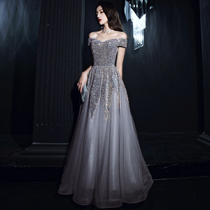 Off-Shoulder Sparkle A-Line Evening Gown Empire Waist Silver Gray Long Dress For Banquets And Annual Meetings - Product Image 2