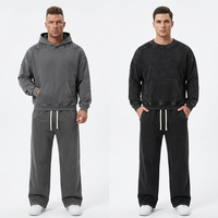 Setelan Celana Panjang dan Hoodie Pria Model Wide Leg Distressed Hitam 400gsm Streetwear Tebal untuk Remaja, Setelan Celana Sweatpants Baggy Washed