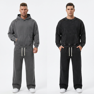 Ensemble pantalon large et sweat à capuche déchiré pour homme, style Y2K, noir, 400 g/m², streetwear épais, ensemble de survêtements amples délavés pour garçons - Product Image 1
