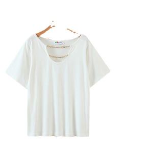 Camiseta de punto con cadena hueca y cuello redondo para mujer, talla grande, color sólido, manga corta N8017 - Product Image 4