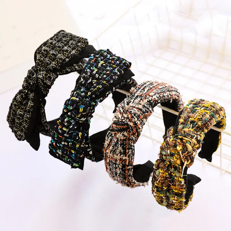Yucat Wholesale Fashion Women Winter Hair Band Hair Accessories Multicolor Woollen Sequin Bow Knot Headband For Girls