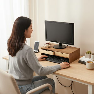 Support d'écran en bois fait main moderne à 2 niveaux avec rangement, boîte organisatrice de bijoux pour bureau - Product Image 1