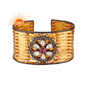 Crystal Quartz Gemstone Unique Net Design Handmade Gold Plated Indian <b>Sterling</b> <b>Silver</b> Wide <b>Cuff</b> <b>Bracelet</b> Jewelry Supplier - Product Image 1