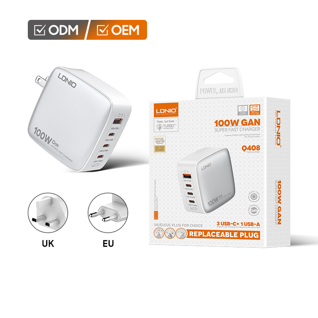 LDNIO Q408 Factory Wholesale Quick Charging PD Wall Charger Adapter Super Fast 100w Usb C Gan Charger for Mobile Phone