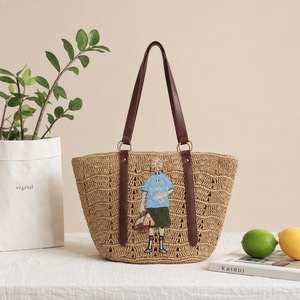 Sac fourre-tout brodé de dessins animés pour la plage, fournisseur Alibaba Chine, pour femmes, sac de vacances en paille ajouré personnalisé 2026, à porter à l'épaule - Product Image 1