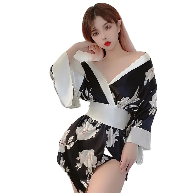 卸売日本の着物印刷シルクナイトローブセクシーなパジャマGR693