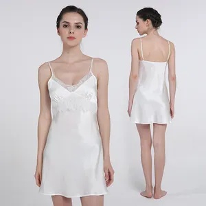 Gaun tidur Satin murni 100% leher V dalam stok gaun tidur dengan renda seksi untuk wanita