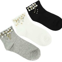 Nouvelles chaussettes mi-mollet coréennes et japonaises respirantes en coton doux à volants pour femmes et filles, couleur bonbon, mode quotidienne avec perles