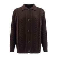 Cárdigan de Punto Trenzado con Cuello Polo para Mujer, Color Marrón Oscuro, Textura Espigada, Botones al Frente, Estilo Holgado, Vintage, Informal