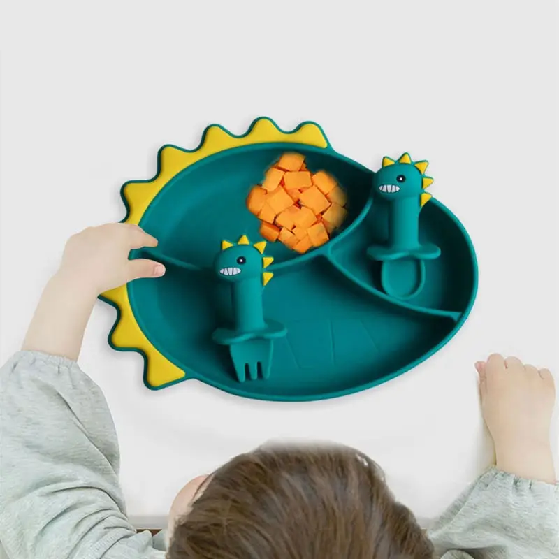 Piring Silikon untuk Bayi, Mangkuk Makan Silika Gel Kartun Naga Peralatan Makan Piring Latihan Bayi