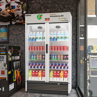 Réfrigérateur commercial à porte vitrée simple pour boissons, avec compresseur à montage inférieur et cadre de porte en aluminium.