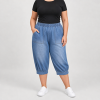 Pantalon Capri en Jean Bleu Grande Taille pour Femme, Taille Élastique, Ourlet Relevé, Coupe Ample, Taille US, OEM ODM