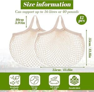 Reusable Cotton Mesh Produce Bags, Beige Washable Grocery <b>Net</b> Tote Bags with Handles, Eco Friendly Organizer - Product Image 3