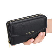 Tas tangan kulit PU wanita, gaya baru pabrik ritsleting panjang Multi Slot dompet pendek kanvas horisontal dompet koin modis