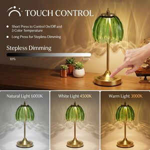 High CRI Ra95 LED Desk Lamp Rechargeable <b>Touch</b> Dimmable Iron Body Flower Shape Glass Shade Creamy Style Table Lamp - Product Image 4