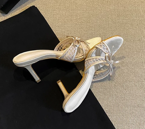 French Fashion Sexy Breathable Pumps Round Toe Open Toe Slip On Thin High Heel Mesh Upper With Bow For Women Causal Outdoor - Product Image 5