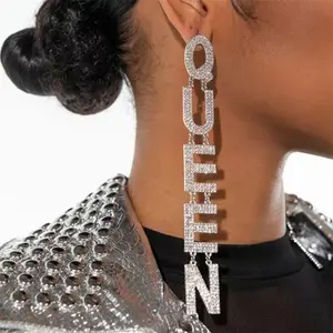 BOXUAN Exaggerated Fashion Long Drop Letters Pendant Queen Shiny Rhinestone Earrings Women Party Costume