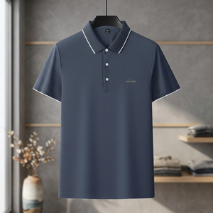 Custom Men Embroidered Solid Knitted for Shirt Rhinestone Detail Lapel Collar Short Sleeve Business Casual Summer Apparel - Product Image 3
