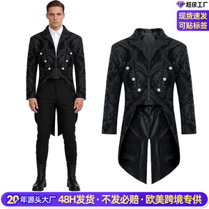 Men's Gothic Steampunk Swallowtail Coat Black Brocade Double Breasted Long <b>Tailcoat</b> For Halloween Wedding Party - Product Image 2
