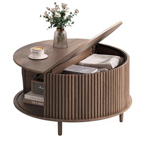 Tavolino da Caffè Moderno Rotondo <span class=keywords><strong>con</strong></span> Vano Portaoggetti, Design Scanalato, Piano in Legno di Noce, Arredamento Personalizzabile per Soggiorno - Product Image 1