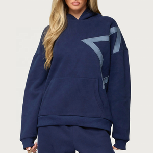 Custom Logo <strong>Women's</strong> <strong>Navy</strong> Blue Oversized <strong>Hoodie</strong> With Star Patch Design Casual Street Wear Pullover Sweatshirt - Product Image 4