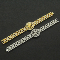 Bracelet Hip Hop pour homme, entièrement pavé de zirconiums cubiques, bracelet rotatif en forme de signe dollar, bijoux plaqués or et argent