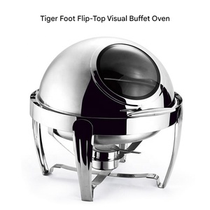 Conjunto de Buffet Redondo de Aço Inoxidável de <span class=keywords><strong>6</strong></span> Litros com Tampa Rolante, Bandeja para Alimentos, Bandeja para Água e Suportes para Combustível para Eventos de Catering - Product Image 3