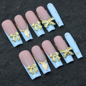 Faux ongles en acrylique réutilisables de luxe faits à la main, style French manucure, 10 pièces, avec nœud papillon - Product Image 3