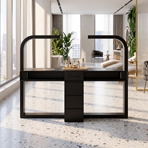 Table de manucure double en pierre frittée de luxe avec lampes LED intégrées en forme d'arche, noir mat, poste de travail professionnel pour 2 personnes - Product Image 1