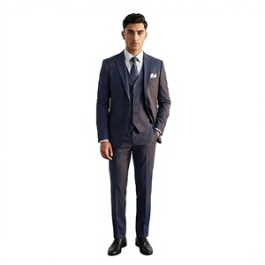 Traje de Negocios Azul Marino para Hombre, Cierre de un Botón, Solapa con Muescas, Chaleco de Tela de Poliéster Transpirable, Frente Plano, Estilo Británico - Product Image 1