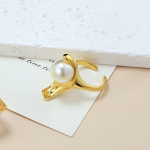 Anillo Abierto de Hoja de Loto Exagerada con Perla Grande, de Oro 18K y Acero Inoxidable Fundido, Joyería al por Mayor SS-066 - Product Image 3