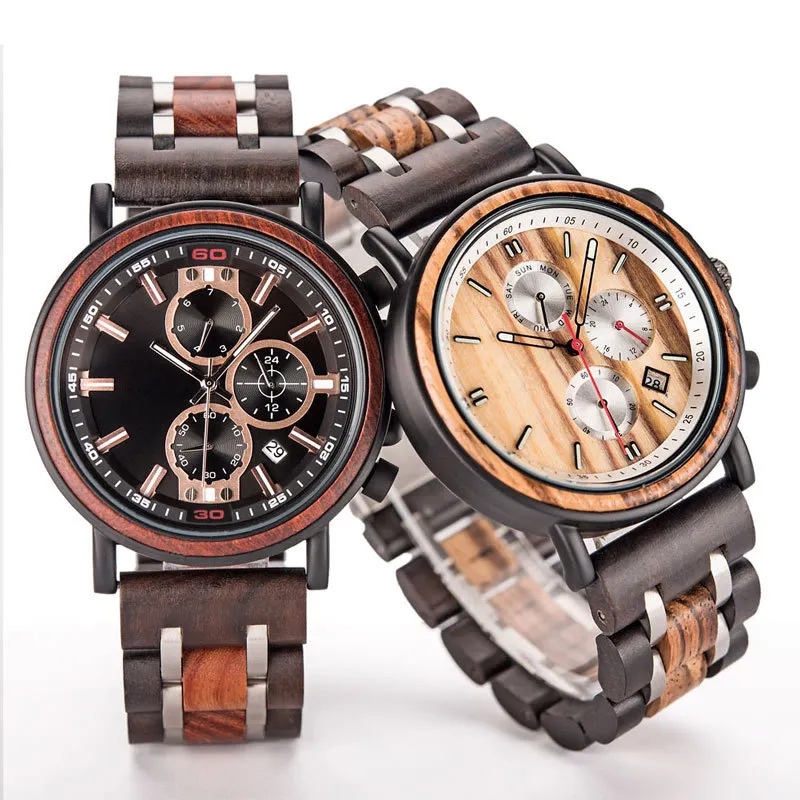 New Personality Men's Watch Creative Chronograph Quartz Movement Customized Your Brand Logo 3 Bar Fashion Wooden Watch for men