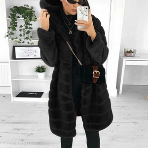 Manteau mi-long à capuche en fausse fourrure pour femme, style hiver chaud, veste en similicuir imitation fourrure de lapin, vêtement d'extérieur décontracté et tendance. - Product Image 2
