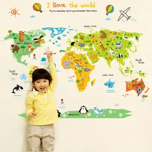 男孩房间装饰卡通动物世界地图墙纸