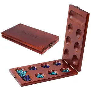曼卡拉棋盘游戏套装，儿童和成人用折叠橡胶木板