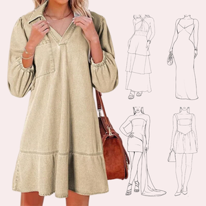 Robe de soirée pour femme, nouvelle collection, décontractée, col en V, manches trois-quarts bouffantes, longueur midi, en jean délavé clair, coupe droite - Product Image 3
