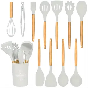 Kitchen Utensil Set 12 Pieces Silicone Strap Wooden Handle Non-Stick Cooking Silicone Kitchen Utensils