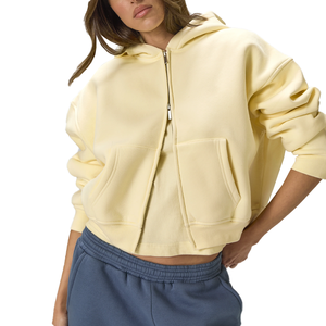 Minimalist Women Pastel Yellow Cropped <b>Zip</b> Up Hoodie Oversized Soft Fleece Full <b>Zip</b> <b>Hooded</b> Jacket Street Loungewear Outer Top - Product Image 2