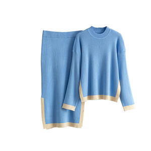 Setelan Rajut Kasual Elegan Dua Potong Pola Solid Warna Atasan Berkerah + Rok Belahan Lutut Setelan Wanita - Product Image 6