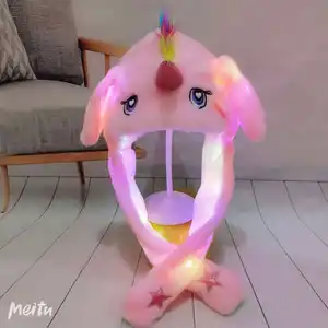 Meninas Animal Bonito Coelho De Pelúcia Chapéu Crianças Airbag Em Movimento Orelhas LED Light Up Recheado Cosplay Festa Fantasia Vestido Chapéus de Inverno