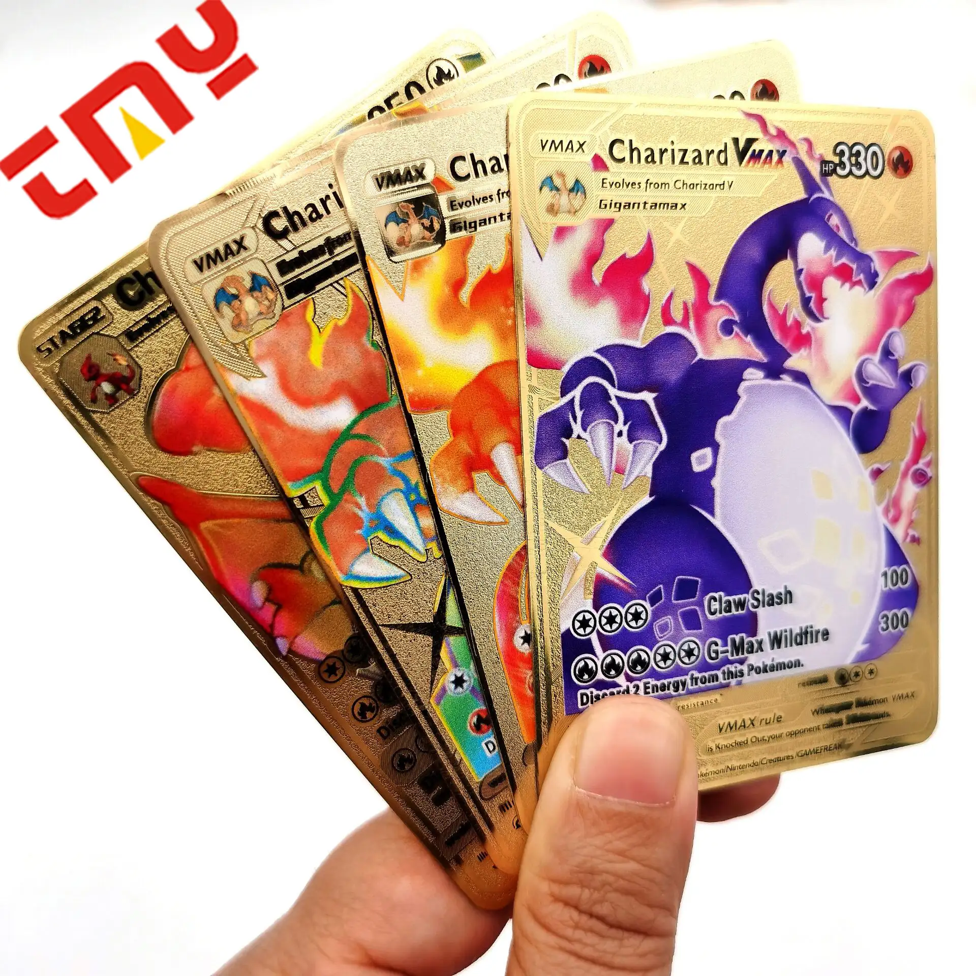 2022 गर्म बेच खेल कार्ड Charizard Pokemon कार्ड तस्वीरें मुद्रण हिन्दी जापानी अंग्रेजी धातु सोने नि कार्ड