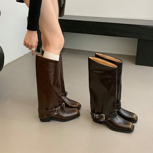 Botas de Combate a Media Pantorrilla con Punta Cuadrada y Correa con Hebilla, de Cuero Genuino, Tacón Plano, Suela de Goma Antideslizante, Estilo Otoñal - Product Image 1