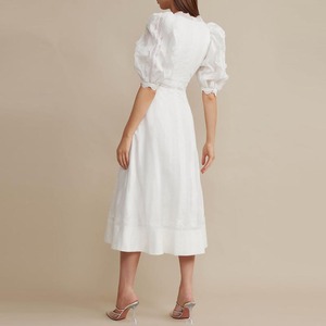 Custom Atacado OEM Senhoras Verão Elegante Moda Plain Color Lace Algodão V-neck Mulheres Casual Midi Vestidos - Product Image 3